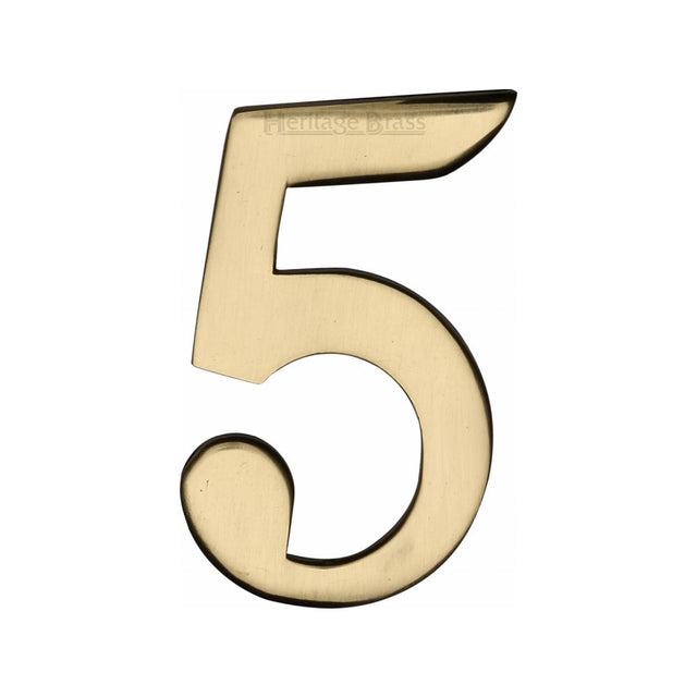This is an image of a Heritage Brass - Numeral 5 Self Adhesive 51mm (2") Polished Brass Finish, c1568-5-pb that is available to order from T.H Wiggans Ironmongery in Kendal.