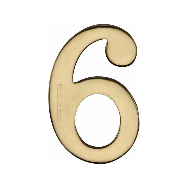 This is an image of a Heritage Brass - Numeral 6 Self Adhesive 51mm (2") Polished Brass Finish, c1568-6-pb that is available to order from T.H Wiggans Ironmongery in Kendal.