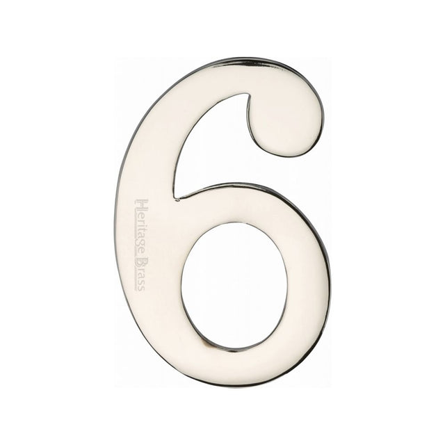 This is an image of a Heritage Brass - Numeral 6 Self Adhesive 51mm (2") Polished Nickel Finish, c1568-6-pnf that is available to order from T.H Wiggans Ironmongery in Kendal.