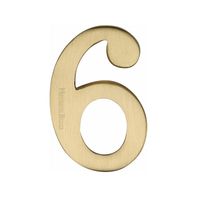 This is an image of a Heritage Brass - Numeral 6 Self Adhesive 51mm (2") Satin Brass Finish, c1568-6-sb that is available to order from T.H Wiggans Ironmongery in Kendal.