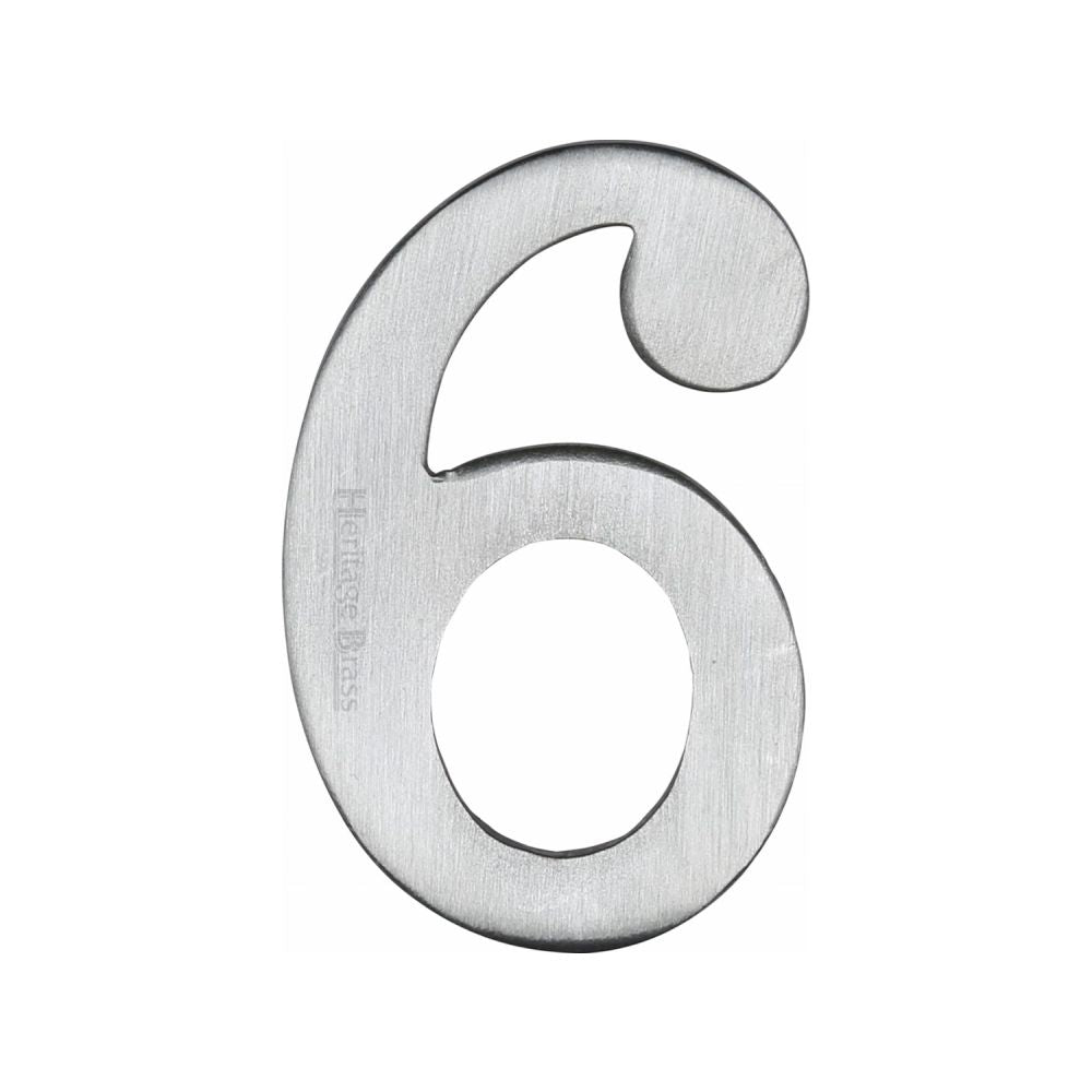 This is an image of a Heritage Brass - Numeral 6 Self Adhesive 51mm (2") Satin Chrome Finish, c1568-6-sc that is available to order from T.H Wiggans Ironmongery in Kendal.
