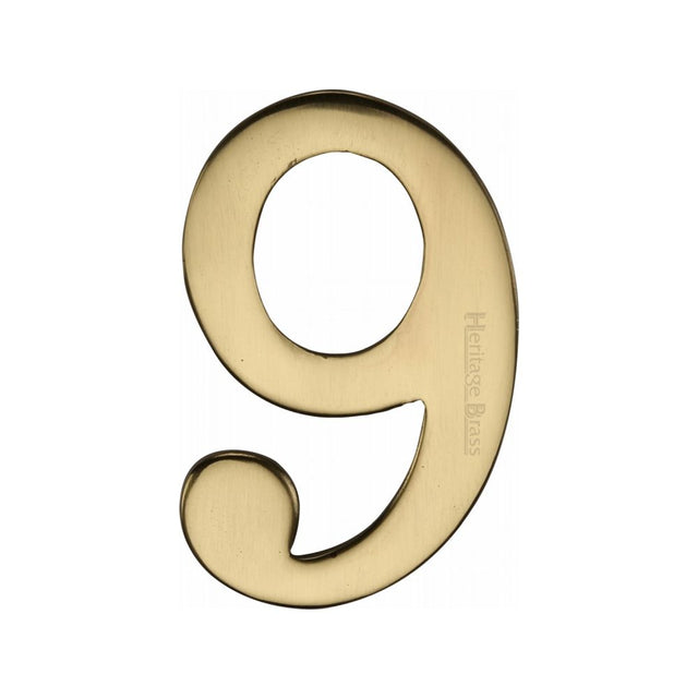 This is an image of a Heritage Brass - Numeral 9 Self Adhesive 51mm (2") Polished Brass Finish, c1568-9-pb that is available to order from T.H Wiggans Ironmongery in Kendal.