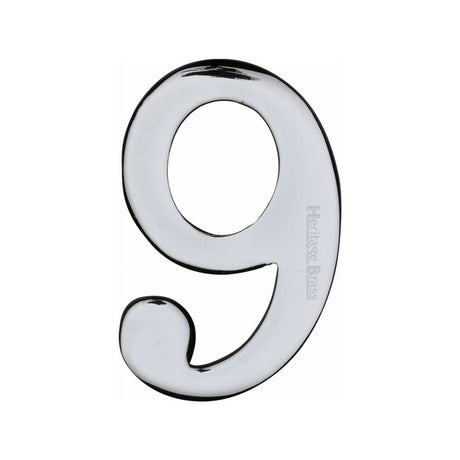 This is an image of a Heritage Brass - Numeral 9 Self Adhesive 51mm (2") Polished Chrome Finish, c1568-9-pc that is available to order from T.H Wiggans Ironmongery in Kendal.