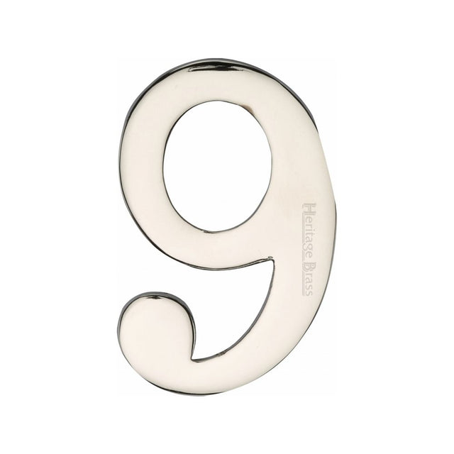 This is an image of a Heritage Brass - Numeral 9 Self Adhesive 51mm (2") Polished Nickel Finish, c1568-9-pnf that is available to order from T.H Wiggans Ironmongery in Kendal.