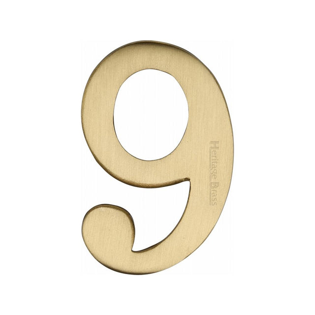 This is an image of a Heritage Brass - Numeral 9 Self Adhesive 51mm (2") Satin Brass Finish, c1568-9-sb that is available to order from T.H Wiggans Ironmongery in Kendal.