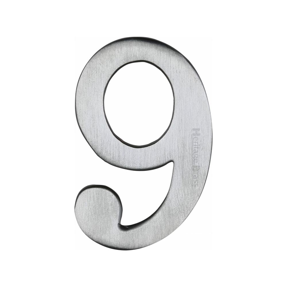 This is an image of a Heritage Brass - Numeral 9 Self Adhesive 51mm (2") Satin Chrome Finish, c1568-9-sc that is available to order from T.H Wiggans Ironmongery in Kendal.