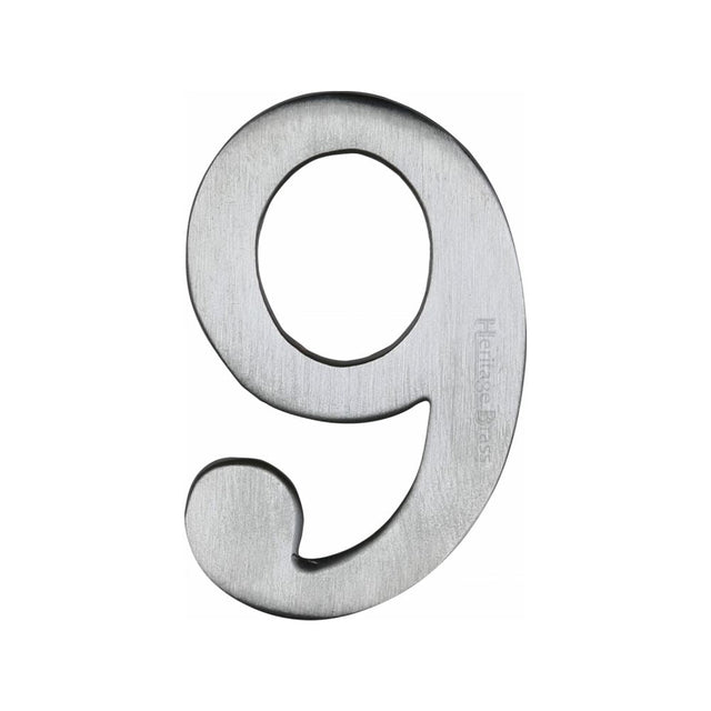 This is an image of a Heritage Brass - Numeral 9 Self Adhesive 51mm (2") Satin Chrome Finish, c1568-9-sc that is available to order from T.H Wiggans Ironmongery in Kendal.