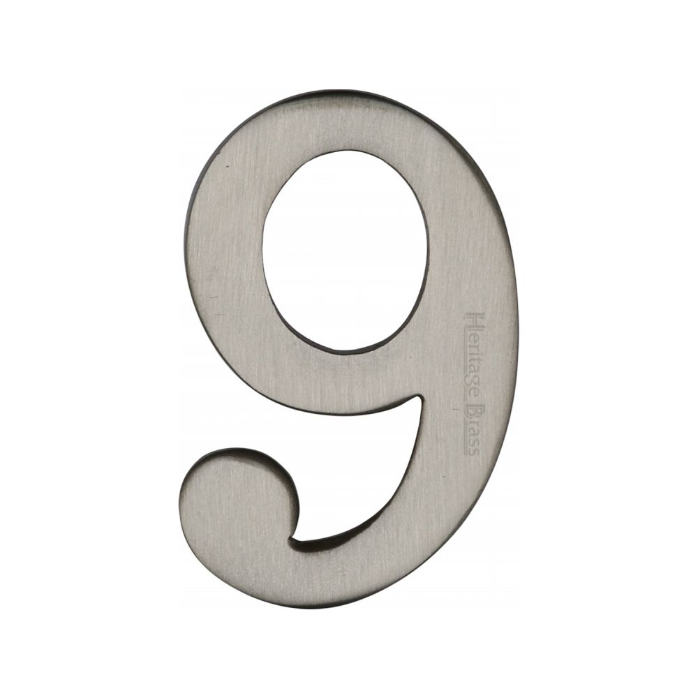 This is an image of a Heritage Brass - Numeral 9 Self Adhesive 51mm (2") Satin Nickel Finish, c1568-9-sn that is available to order from T.H Wiggans Ironmongery in Kendal.