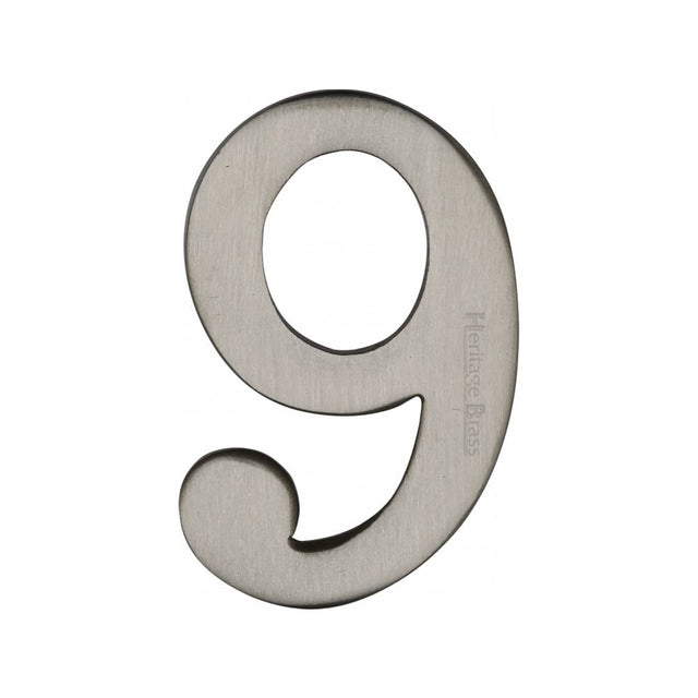 This is an image of a Heritage Brass - Numeral 9 Self Adhesive 51mm (2") Satin Nickel Finish, c1568-9-sn that is available to order from T.H Wiggans Ironmongery in Kendal.