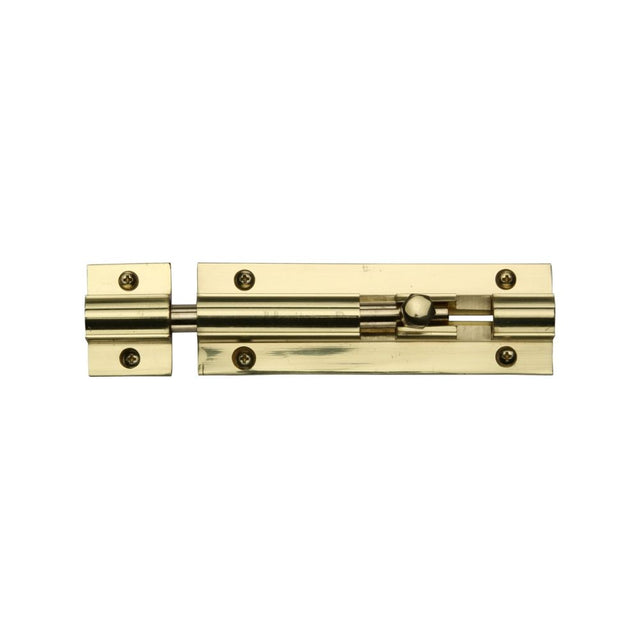 This is an image of a Heritage Brass - Door Bolt Straight 4" x 1.25" Polished Brass Finish, c1582-4-pb that is available to order from T.H Wiggans Ironmongery in Kendal.