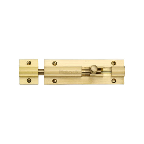 This is an image of a Heritage Brass - Door Bolt Straight 4" x 1.25" Satin Brass Finish, c1582-4-sb that is available to order from T.H Wiggans Ironmongery in Kendal.