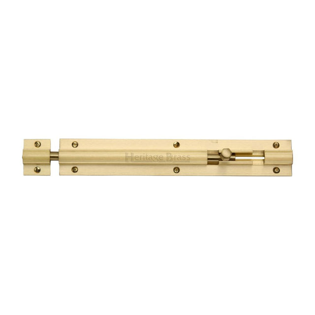 This is an image of a Heritage Brass - Door Bolt Straight 8" x 1.25" Satin Brass Finish, c1582-8-sb that is available to order from T.H Wiggans Ironmongery in Kendal.