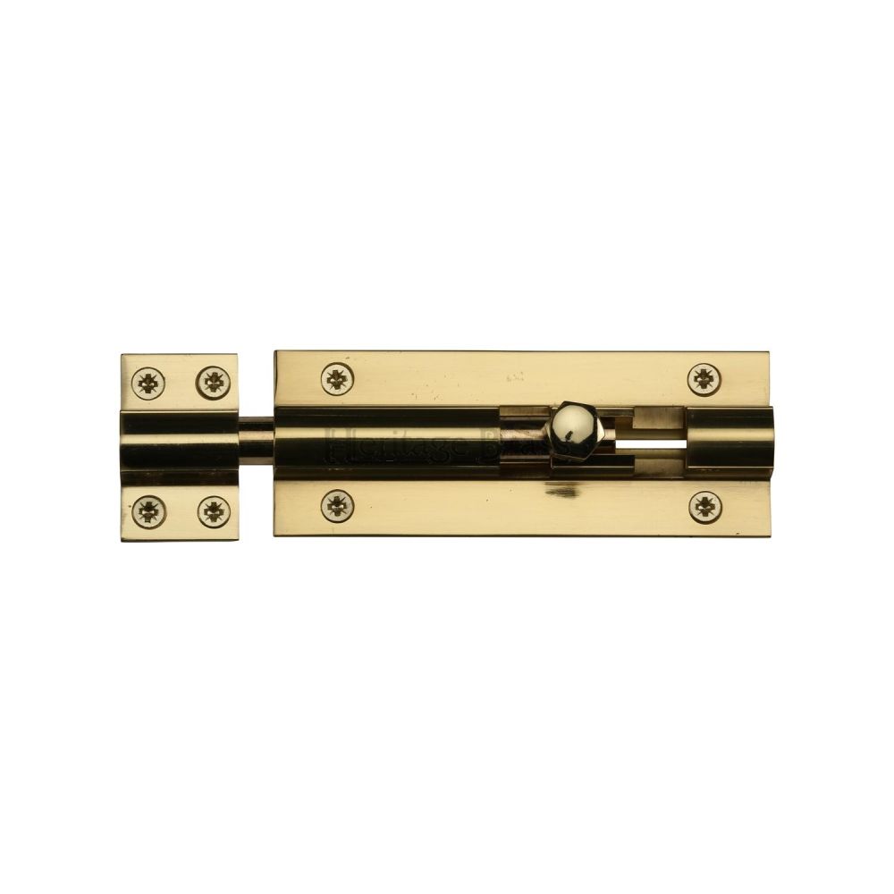 This is an image of a Heritage Brass - Door Bolt Straight 4" x 1.5" Polished Brass Finish, c1584-4-pb that is available to order from T.H Wiggans Ironmongery in Kendal.