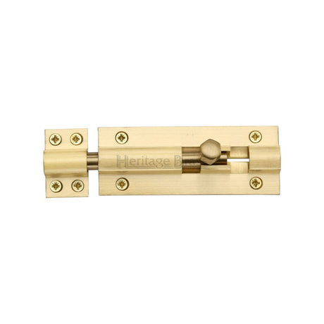 This is an image of a Heritage Brass - Door Bolt Straight 4" x 1.5" Satin Brass Finish, c1584-4-sb that is available to order from T.H Wiggans Ironmongery in Kendal.