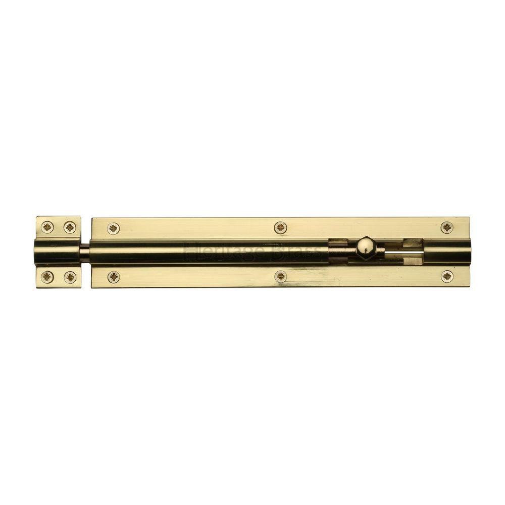 This is an image of a Heritage Brass - Door Bolt Straight 8" x 1.5" Polished Brass Finish, c1584-8-pb that is available to order from T.H Wiggans Ironmongery in Kendal.