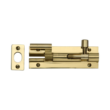 This is an image of a Heritage Brass - Door Bolt Necked 4" x 1.25" Polished Brass Finish, c1592-4-pb that is available to order from T.H Wiggans Ironmongery in Kendal.