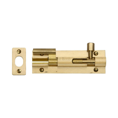 This is an image of a Heritage Brass - Door Bolt Necked 4" x 1.25" Satin Brass Finish, c1592-4-sb that is available to order from T.H Wiggans Ironmongery in Kendal.