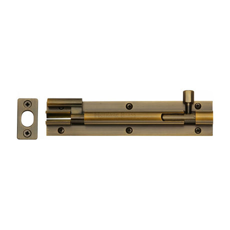 This is an image of a Heritage Brass - Door Bolt Necked 6" x 1.25" Antique Brass Finish, c1592-6-at that is available to order from T.H Wiggans Ironmongery in Kendal.