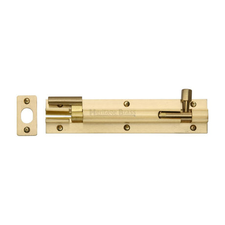 This is an image of a Heritage Brass - Door Bolt Necked 6" x 1.25" Satin Brass Finish, c1592-6-sb that is available to order from T.H Wiggans Ironmongery in Kendal.