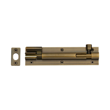 This is an image of a Heritage Brass - Door Bolt Necked 6" x 1.5" Antique Brass Finish, c1594-6-at that is available to order from T.H Wiggans Ironmongery in Kendal.