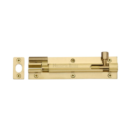 This is an image of a Heritage Brass - Door Bolt Necked 6" x 1.5" Satin Brass Finish, c1594-6-sb that is available to order from T.H Wiggans Ironmongery in Kendal.