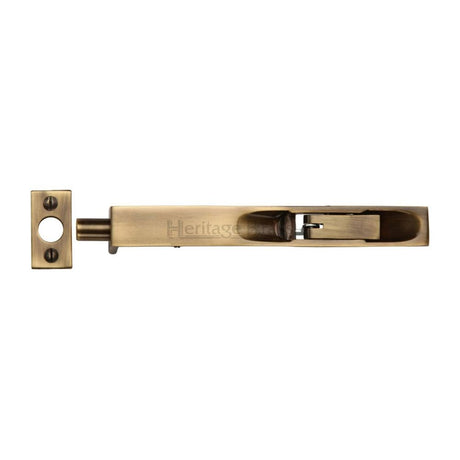 This is an image of a Heritage Brass - Door Bolt Flush Fitting 10" x .3/4" Antique Brass Finish, c1680-10-at that is available to order from T.H Wiggans Ironmongery in Kendal.