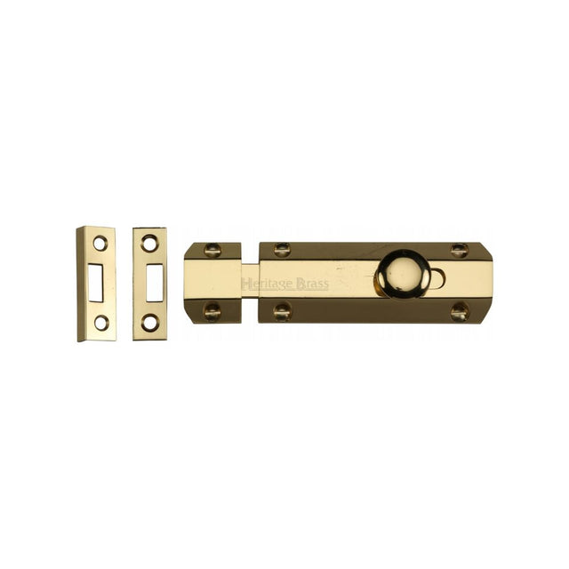 This is an image of a Heritage Brass - Door Bolt Flat 4" Polished Brass Finish, c1685-4-pb that is available to order from T.H Wiggans Ironmongery in Kendal.