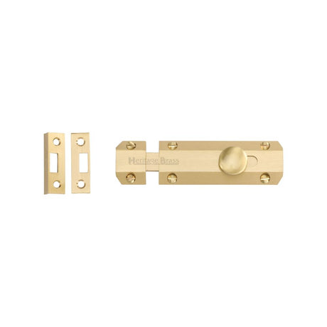 This is an image of a Heritage Brass - Door Bolt Flat 4" Satin Brass Finish, c1685-4-sb that is available to order from T.H Wiggans Ironmongery in Kendal.