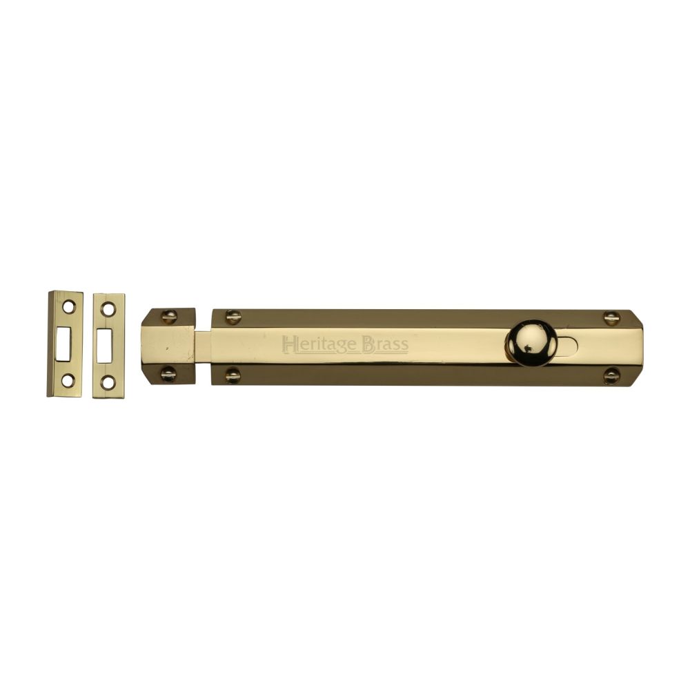 This is an image of a Heritage Brass - Door Bolt Flat 8" Polished Brass Finish, c1685-8-pb that is available to order from T.H Wiggans Ironmongery in Kendal.