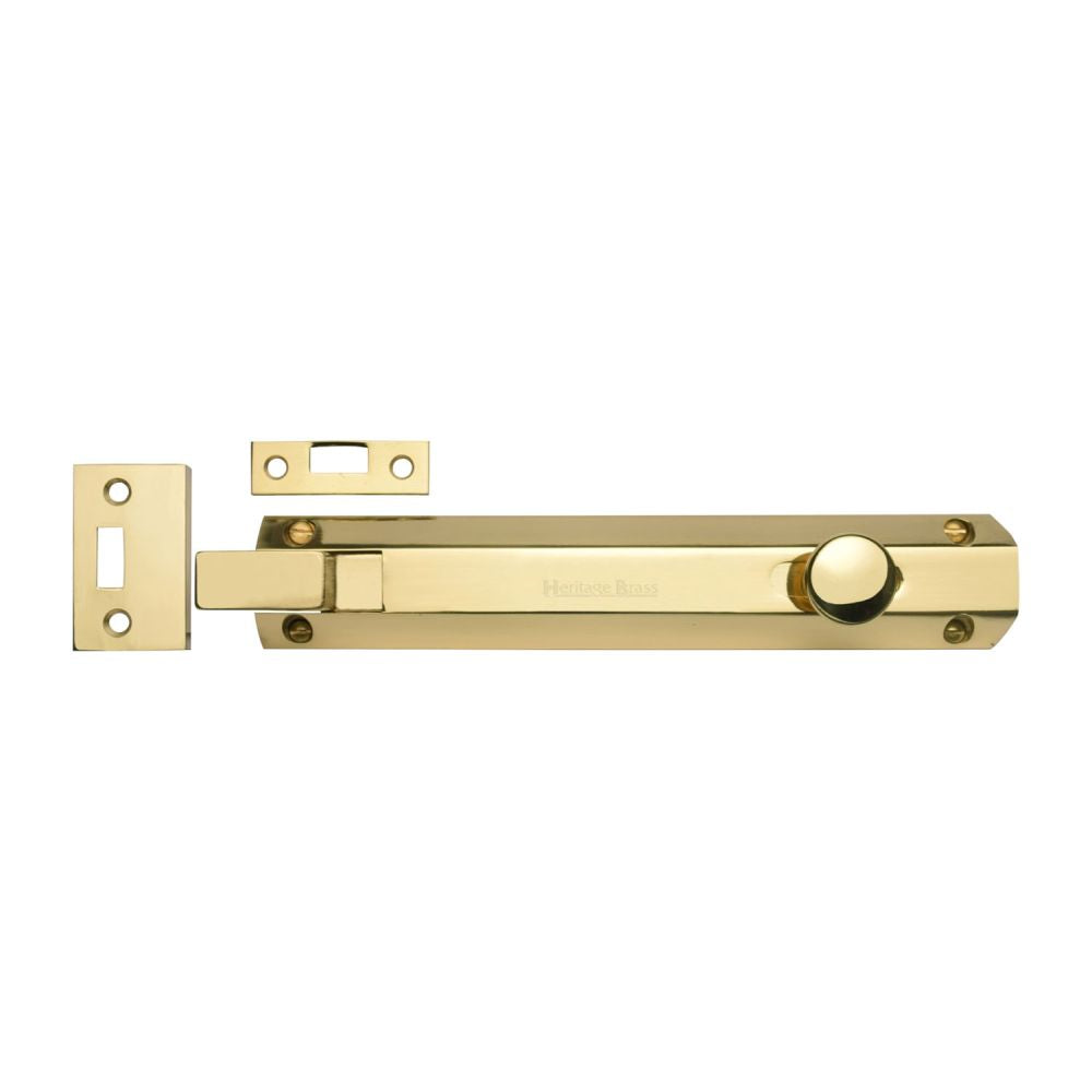 This is an image of a Heritage Brass - Door Bolt Necked Flat 8" Polished Brass Finish, c1694-8-pb that is available to order from T.H Wiggans Ironmongery in Kendal.