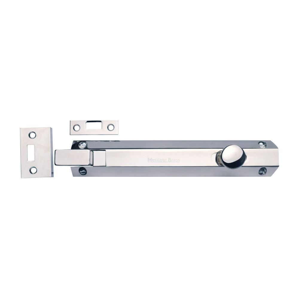 This is an image of a Heritage Brass - Door Bolt Necked Flat 8" Polished Chrome Finish, c1694-8-pc that is available to order from T.H Wiggans Ironmongery in Kendal.