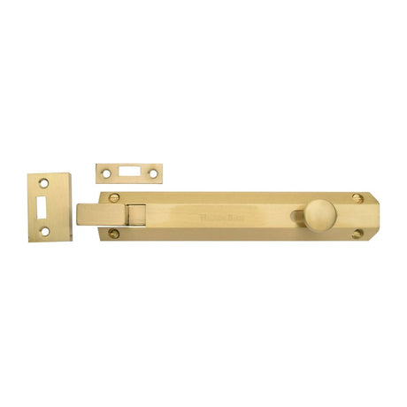 This is an image of a Heritage Brass - Door Bolt Necked Flat 8" Satin Brass Finish, c1694-8-sb that is available to order from T.H Wiggans Ironmongery in Kendal.