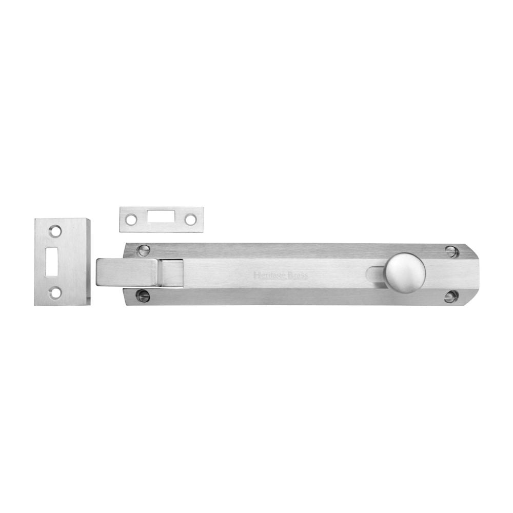 This is an image of a Heritage Brass - Door Bolt Necked Flat 8" Satin Chrome Finish, c1694-8-sc that is available to order from T.H Wiggans Ironmongery in Kendal.