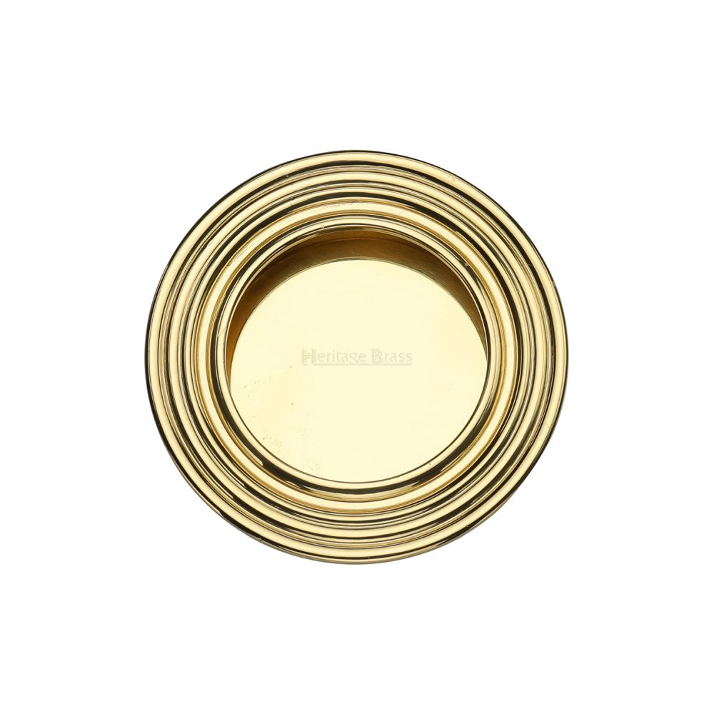 This is an image of a Heritage Brass - Round Reeded Flush Pull Polished Brass Finish, c1837-pb that is available to order from T.H Wiggans Ironmongery in Kendal.