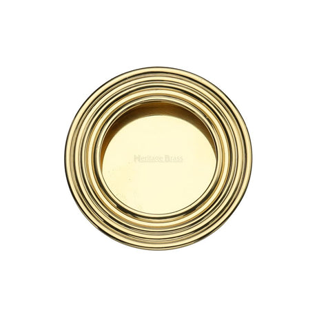 This is an image of a Heritage Brass - Round Reeded Flush Pull Polished Brass Finish, c1837-pb that is available to order from T.H Wiggans Ironmongery in Kendal.