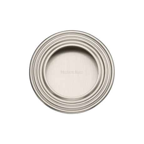 This is an image of a Heritage Brass - Round Reeded Flush Pull Satin Nickel Finish, c1837-sn that is available to order from T.H Wiggans Ironmongery in Kendal.