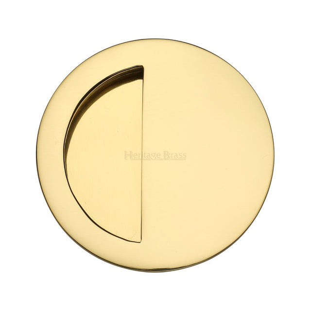 This is an image of a Heritage Brass - Round Half Moon Flush Pull Polished Brass Finish, c1845-pb that is available to order from T.H Wiggans Ironmongery in Kendal.