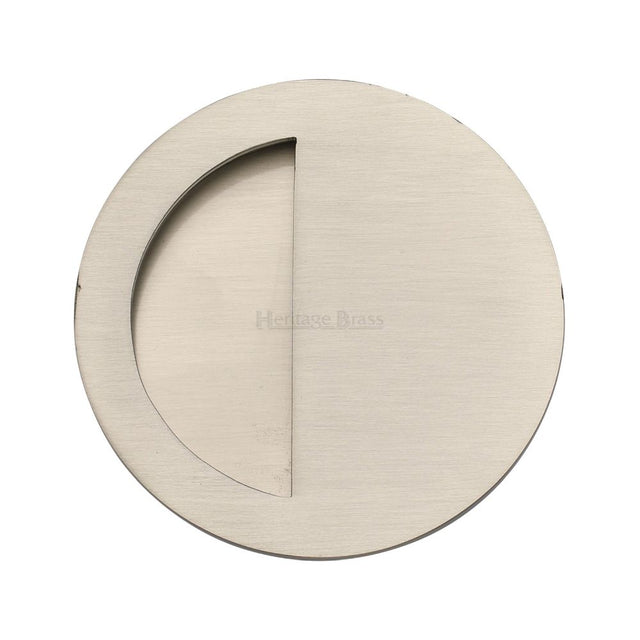 This is an image of a Heritage Brass - Round Half Moon Flush Pull Satin Nickel Finish, c1845-sn that is available to order from T.H Wiggans Ironmongery in Kendal.