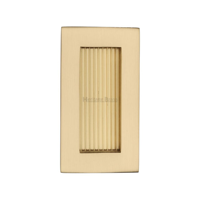 This is an image of a Heritage Brass - Reeded Rectangular Flush Pull 105 x 58mm Satin Brass Finish, c1865-105-sb that is available to order from T.H Wiggans Ironmongery in Kendal.