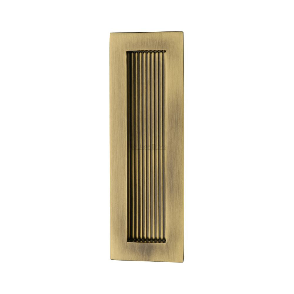 This is an image of a Heritage Brass - Reeded Rectangular Flush Pull 175 x 58mm Antique Brass Finish, c1865-175-at that is available to order from T.H Wiggans Ironmongery in Kendal.