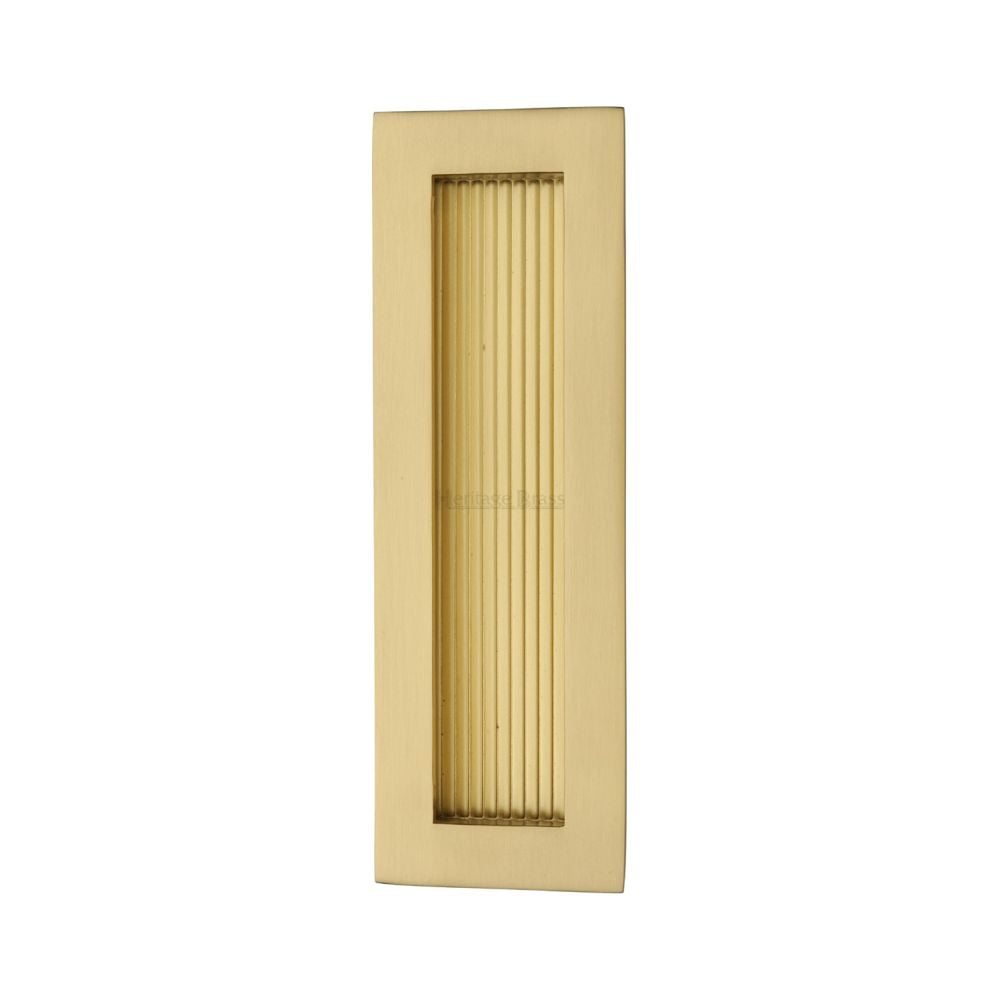 This is an image of a Heritage Brass - Reeded Rectangular Flush Pull 175 x 58mm Satin Brass Finish, c1865-175-sb that is available to order from T.H Wiggans Ironmongery in Kendal.