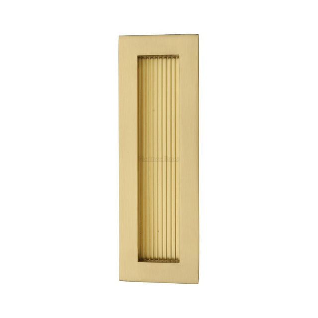 This is an image of a Heritage Brass - Reeded Rectangular Flush Pull 175 x 58mm Satin Brass Finish, c1865-175-sb that is available to order from T.H Wiggans Ironmongery in Kendal.