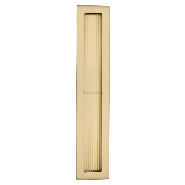 This is an image of a Heritage Brass - Reeded Rectangular Flush Pull 300 x 58mm Satin Brass Finish, c1865-300-sb that is available to order from T.H Wiggans Ironmongery in Kendal.