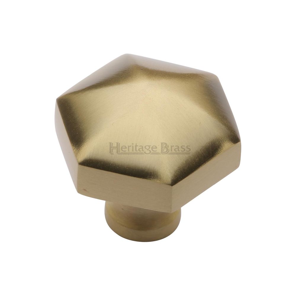 This is an image of a Heritage Brass - Cabinet Knob Classic Hexagon Design 32mm Satin Brass Finish, c2238-sb that is available to order from T.H Wiggans Ironmongery in Kendal.