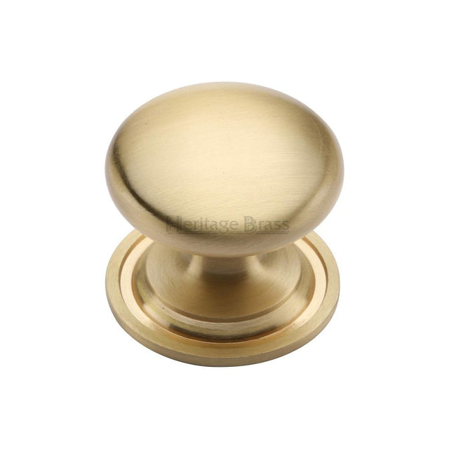 This is an image of a Heritage Brass - Cabinet Knob Victorian Round Design with base 32mm Satin Brass F, c2240-32-sb that is available to order from T.H Wiggans Ironmongery in Kendal.