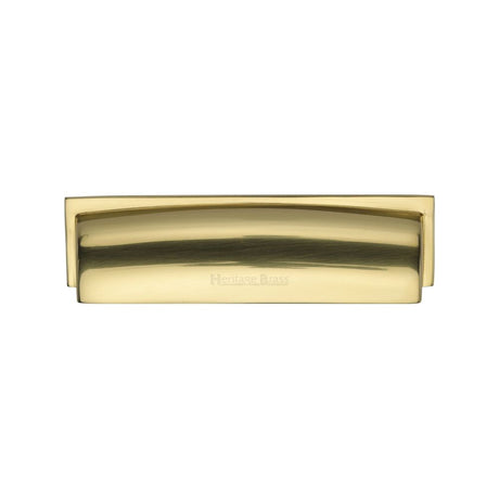 This is an image of a Heritage Brass - Drawer Cup Pull Shropshire Design 76/96mm CTC Polished Brass Finish, c2765-96-pb that is available to order from T.H Wiggans Ironmongery in Kendal.