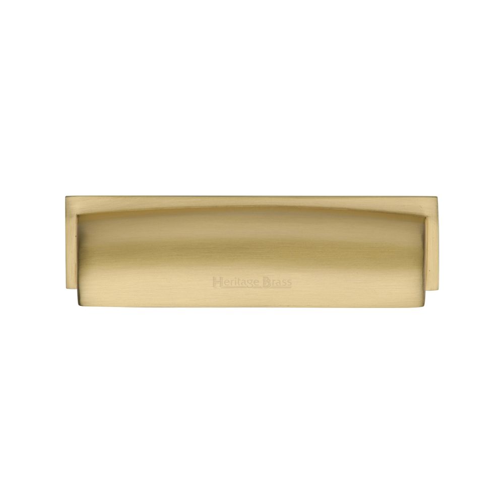 This is an image of a Heritage Brass - Drawer Cup Pull Shropshire Design 76/96mm CTC Satin Brass Finish, c2765-96-sb that is available to order from T.H Wiggans Ironmongery in Kendal.