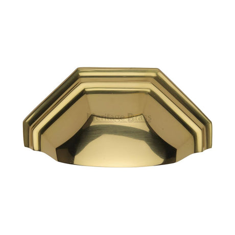 This is an image of a Heritage Brass - Drawer Cup Pull Deco Design 89mm CTC Polished Brass Finish, c2768-pb that is available to order from T.H Wiggans Ironmongery in Kendal.