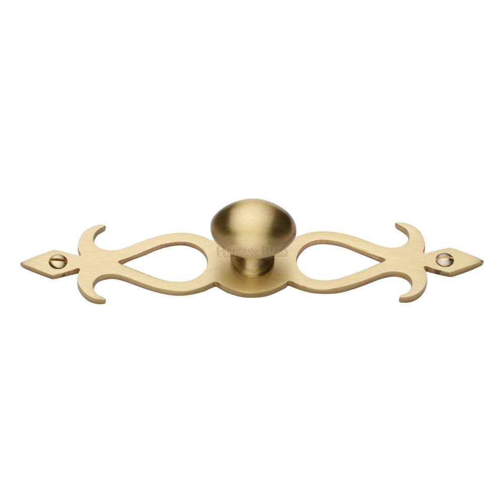 This is an image of a Heritage Brass - Cabinet Knob Oval/Backplate Design 32mm Satin Brass Finish, c3072-32-sb that is available to order from T.H Wiggans Ironmongery in Kendal.