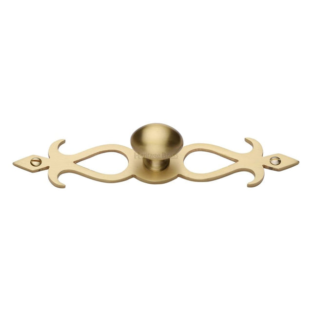 This is an image of a Heritage Brass - Cabinet Knob Oval/Backplate Design 32mm Satin Brass Finish, c3072-32-sb that is available to order from T.H Wiggans Ironmongery in Kendal.